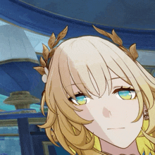 a girl with blonde hair and blue eyes wearing a laurel wreath on her head