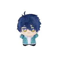 a small stuffed doll with blue hair and yellow eyes