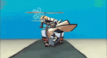 a cartoon character is riding a helicopter with the letter s on the wall behind him