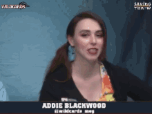 a woman named addie blackwood appears on a screen
