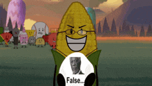 a corn on the cob with glasses and a false sign