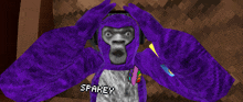 a purple gorilla wearing headphones and a shirt that says " spakey "