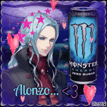 a picture of a man next to a monster energy drink