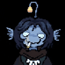 a pixel art drawing of a person with a light bulb on their head .