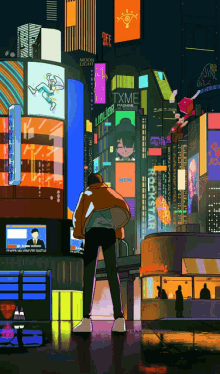 a cartoon drawing of a city with a sign that says txme on it