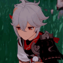 a close up of a cartoon character with white hair and red eyes standing in the grass .