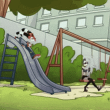 a cartoon of a cow going down a slide in a park