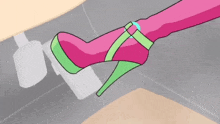 a cartoon drawing of a woman 's foot wearing a pink and green high heel