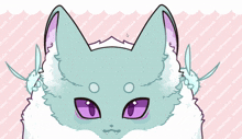 a drawing of a cat with purple eyes and a pink mouth