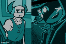 a drawing of a man with horns next to a drawing of a man with a hood .