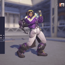 a video game character with purple pants and a purple jacket