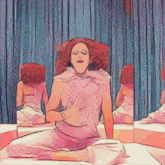 a woman in a pink dress sits on a bed in front of a mirror