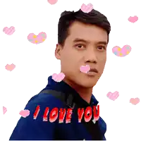 a man is surrounded by pink hearts and the words i love you