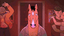 a cartoon of a man with a horse 's head standing in front of two men kissing