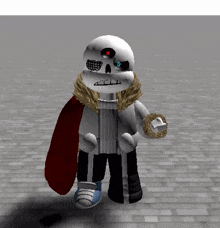 a 3d rendering of a skeleton with a red cape on his shoulders