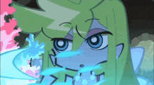 a close up of a cartoon character with green hair