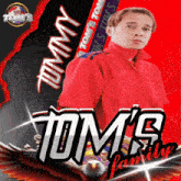 a poster for tom 's family features a young man in a red shirt