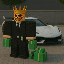 a skull with a crown on his head holds stacks of money in front of a white car