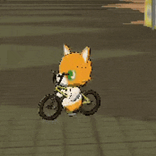 a cartoon fox is riding a bike on a wooden surface