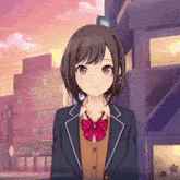 a girl in a school uniform is smiling in front of a building