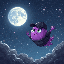 a cartoon character is flying through the night sky with a full moon behind him