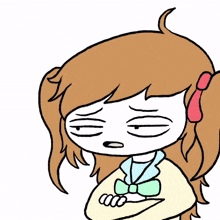 a cartoon drawing of a girl with her eyes closed and her hand up