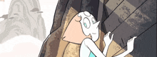 a cartoon of a pearl sitting on a rock with mountains in the background