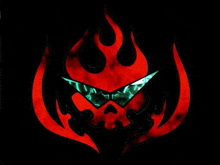 it looks like a skull with a green eye and a red flaming head .