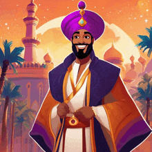 a man with a beard wearing a purple turban is smiling