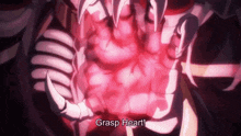 a close up of a skeleton 's hand holding a red heart with the words grasp heart written on it .