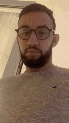a man with a beard and glasses is wearing a gray sweater .
