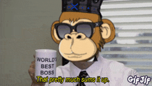 a cartoon monkey is holding a mug that says world 's best boss