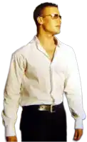 a man wearing sunglasses and a white shirt is standing on a white background
