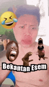 a shirtless man is surrounded by animals and a smiley face with tears on it