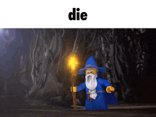 a picture of a lego wizard holding a torch with the word die below him