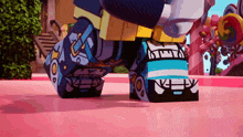 a cartoon character 's feet are shown with a sticker on them that says ' new york '