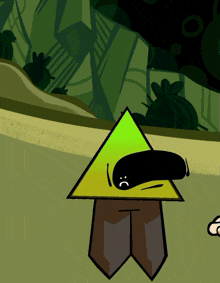 a yellow triangle with a black face on it