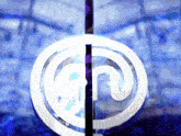a blue background with a white circle with a spiral in the middle