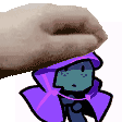 a hand is holding a cartoon character with a purple cape on .