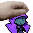 a hand is holding a cartoon character with a purple cape on .