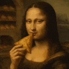 a painting of a woman smiling and eating a pastry