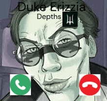 a man wearing glasses is talking on a cell phone with duke erizzia depths written on his face .