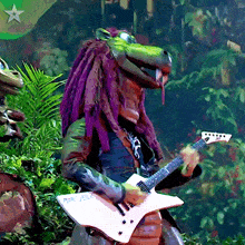 a person with purple hair is playing a guitar that says more milk on it
