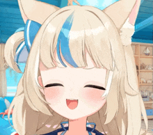 a close up of a girl with blonde hair and cat ears making a funny face