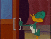 a cartoon character is opening a door while holding a box