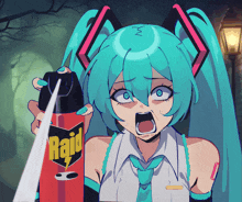 a cartoon of a girl holding a raid spray bottle