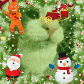 a picture of santa claus gingerbread man and snowman
