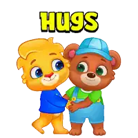 two teddy bears standing next to each other with the word hugs behind them