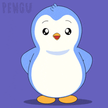 a blue and white penguin with its hands in its pockets and the word pengu behind it