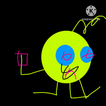 a cartoon drawing of a yellow circle with blue eyes and a pink mouth .